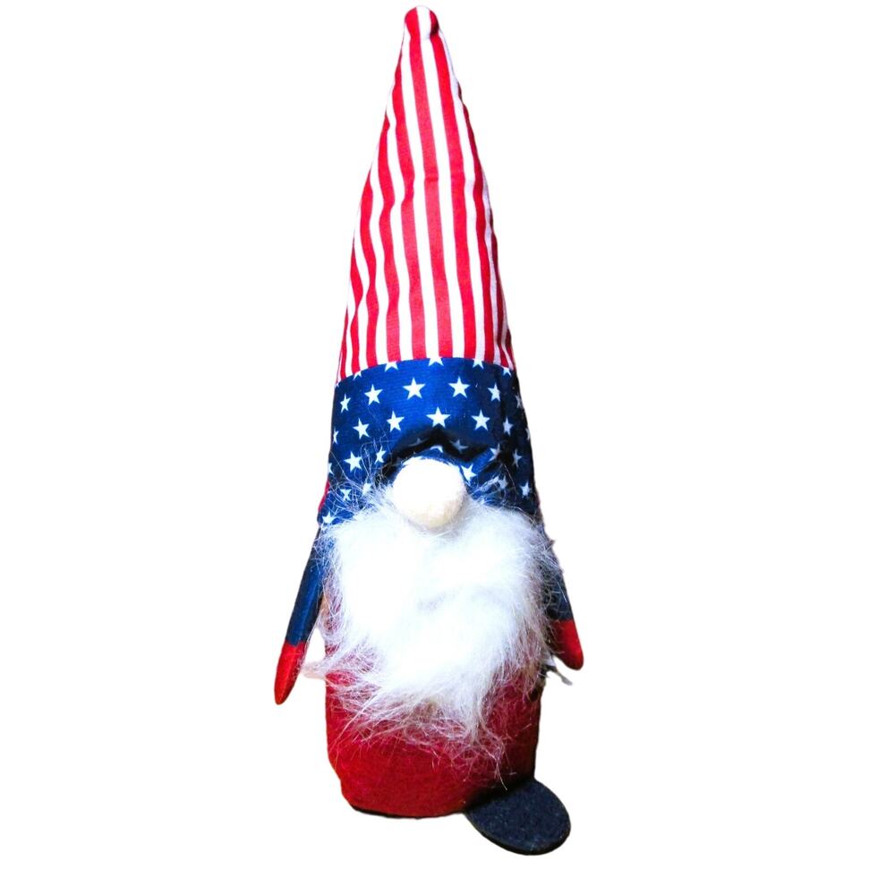 Plush Patriotic Gnome Red White Blue Striped Pointed Hat White Beard 11 Inches